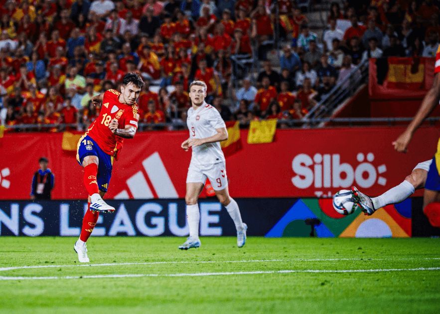 Martín Zubimendi, anotando contra Dinamarca