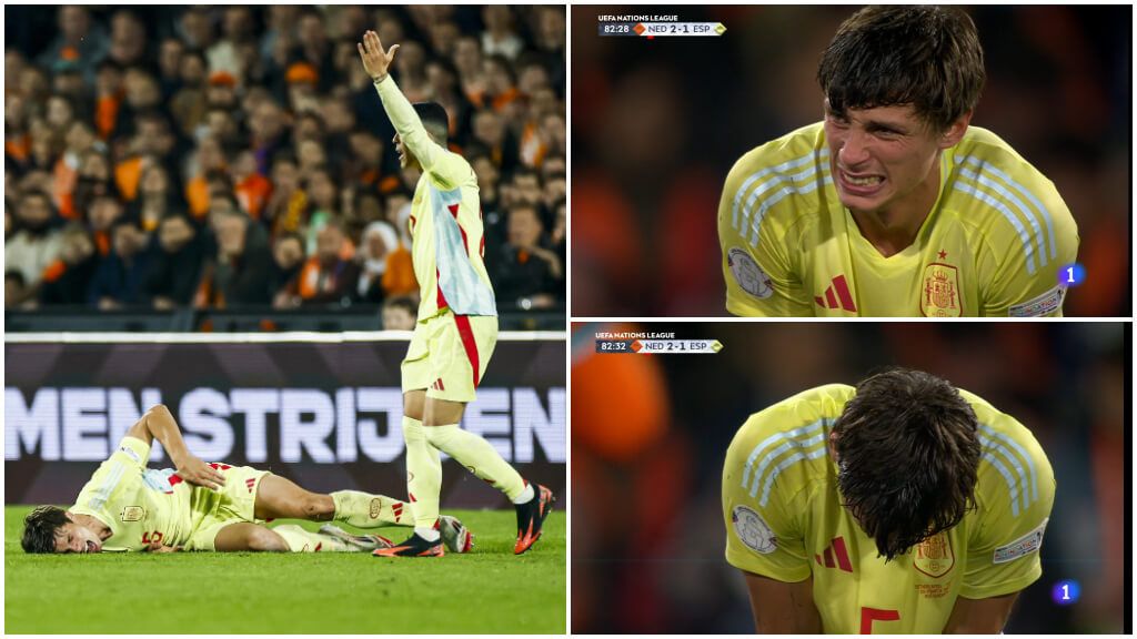  Robin Le Normand, tras la dura entrada de Hato en Rotterdam (Fotos: EFE y La 1)