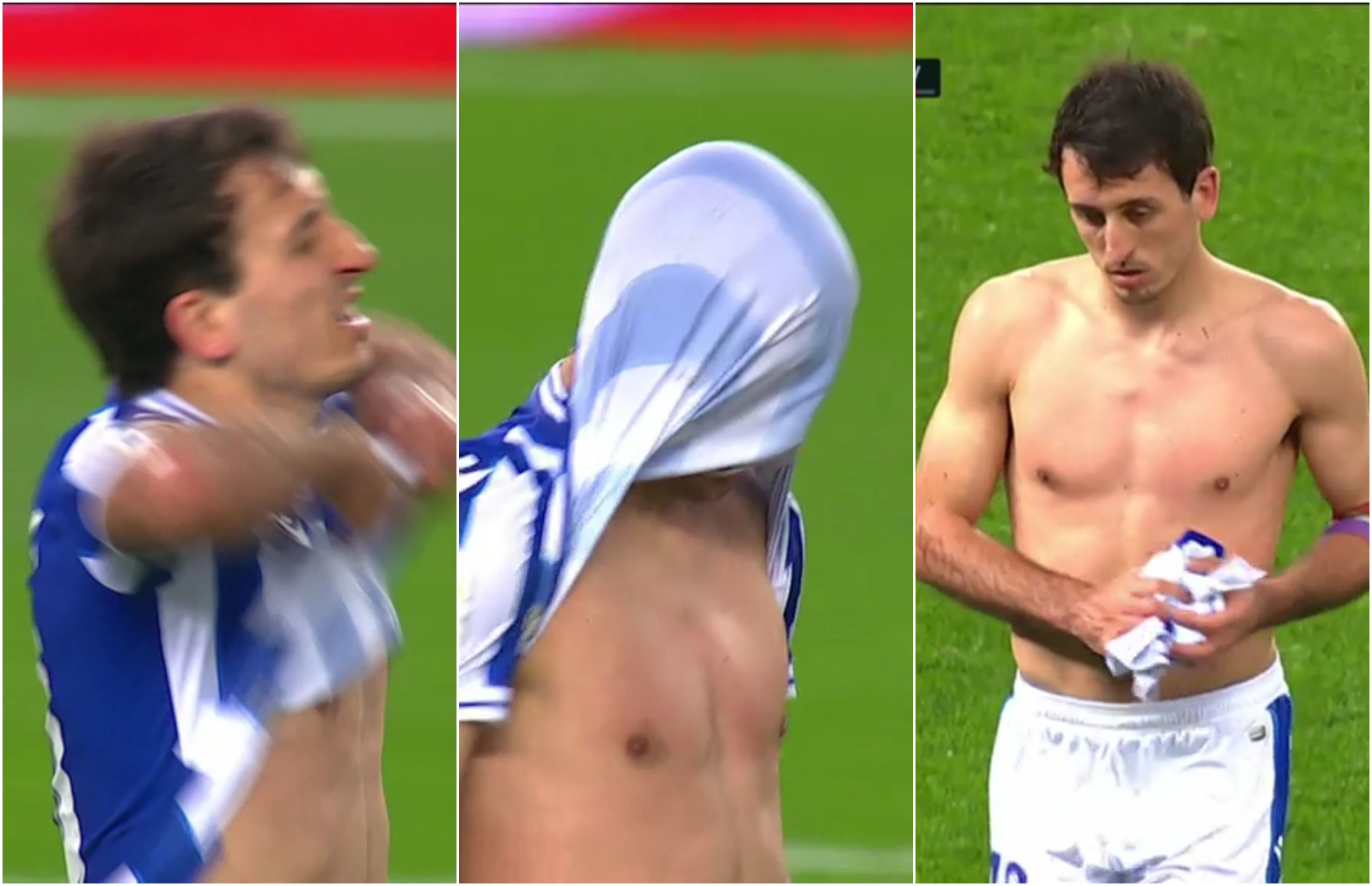 Oyarzabal rompe su camiseta tras fallar el penalti.