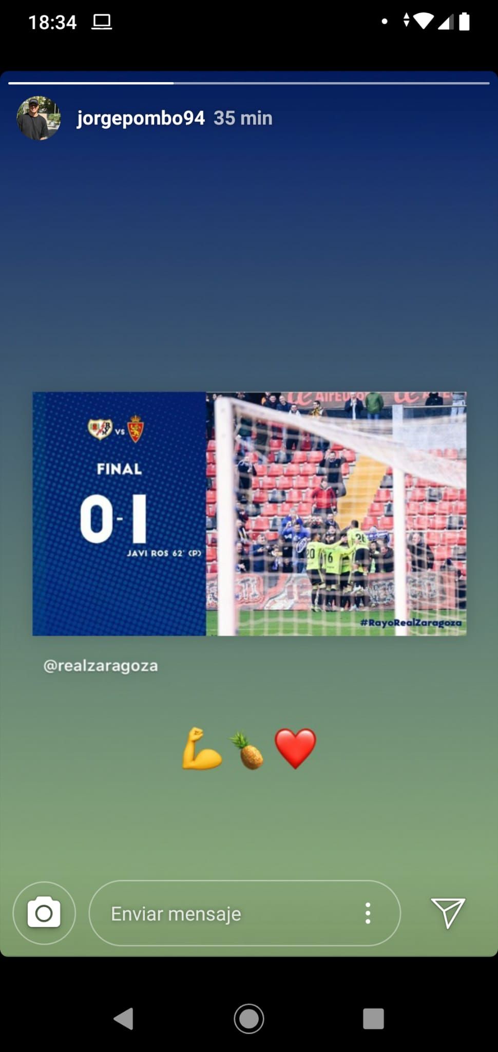  Pombo celebra el triunfo ante el Rayo en Instagram.