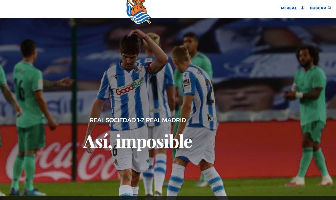  El titular de la web de la Real Sociedad en el partido ante el Real Madrid.