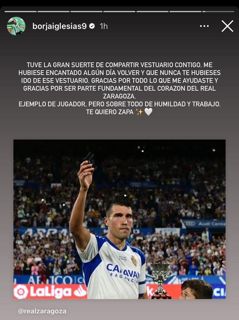 La despedida de Borja Iglesias a Alberto Zapater en su Instagram.