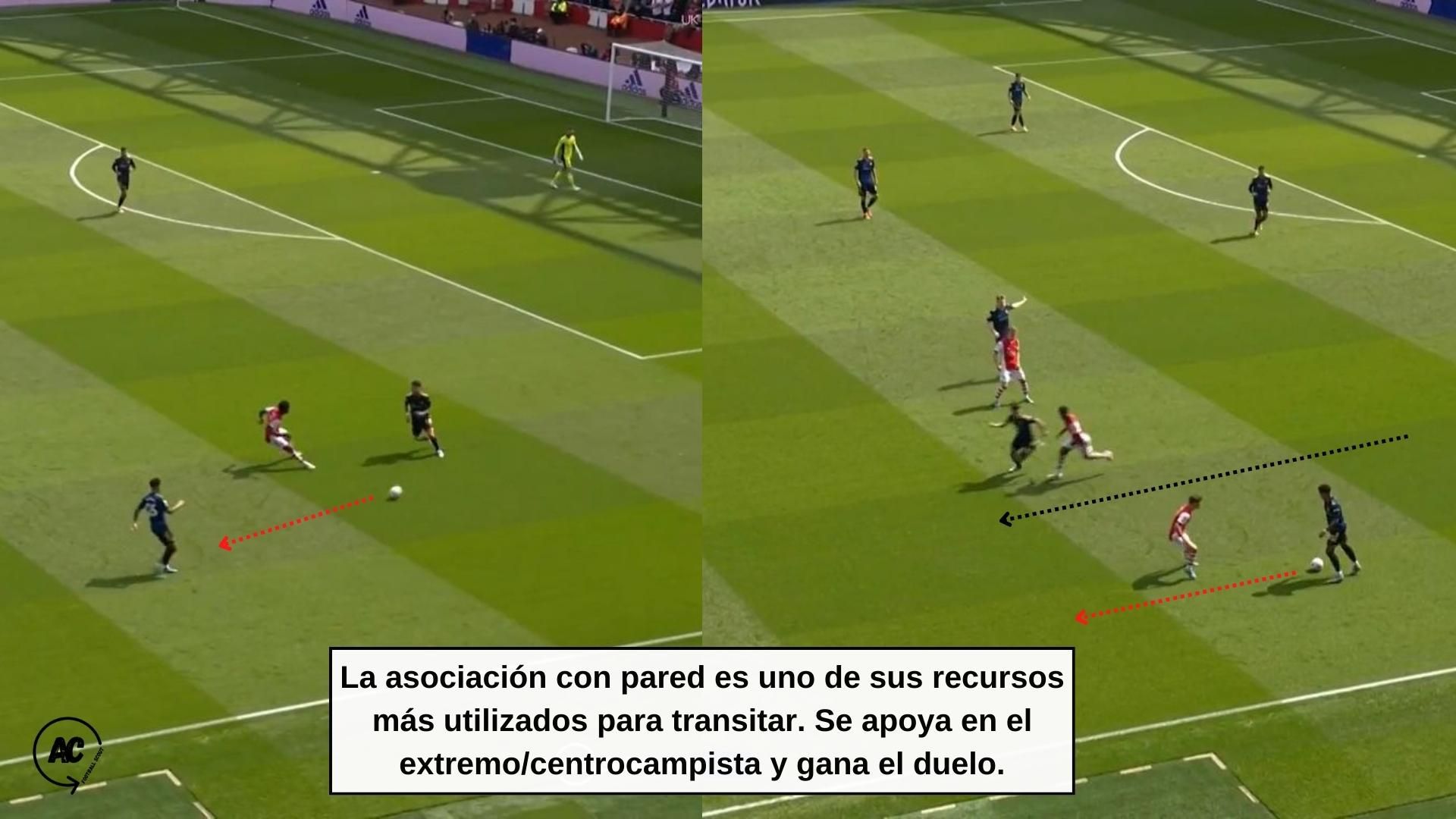  Alex Telles, en acción, hace una pared para progresar en salida.