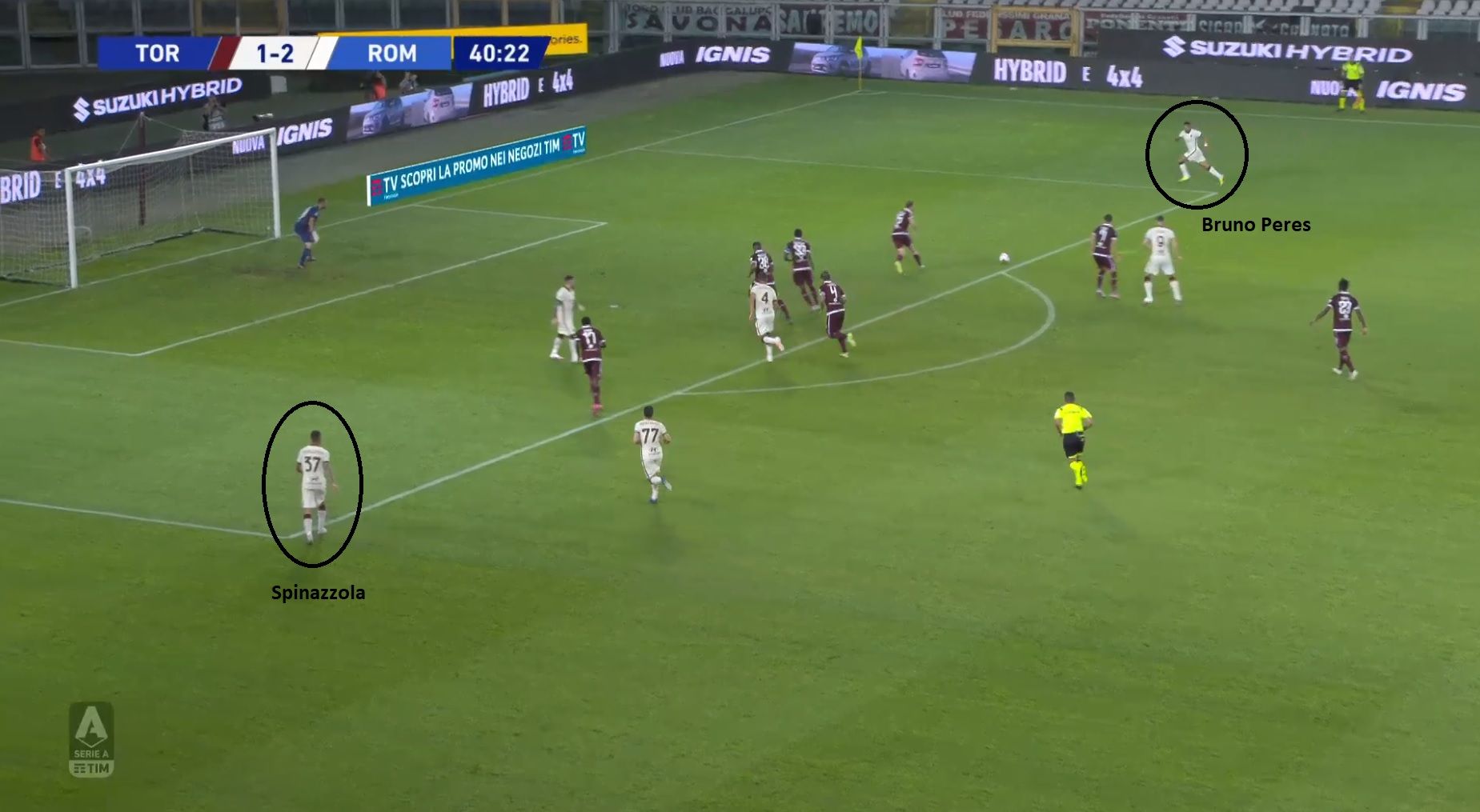 Los carrileros, posicionados muy altos en una jugada de ataque.