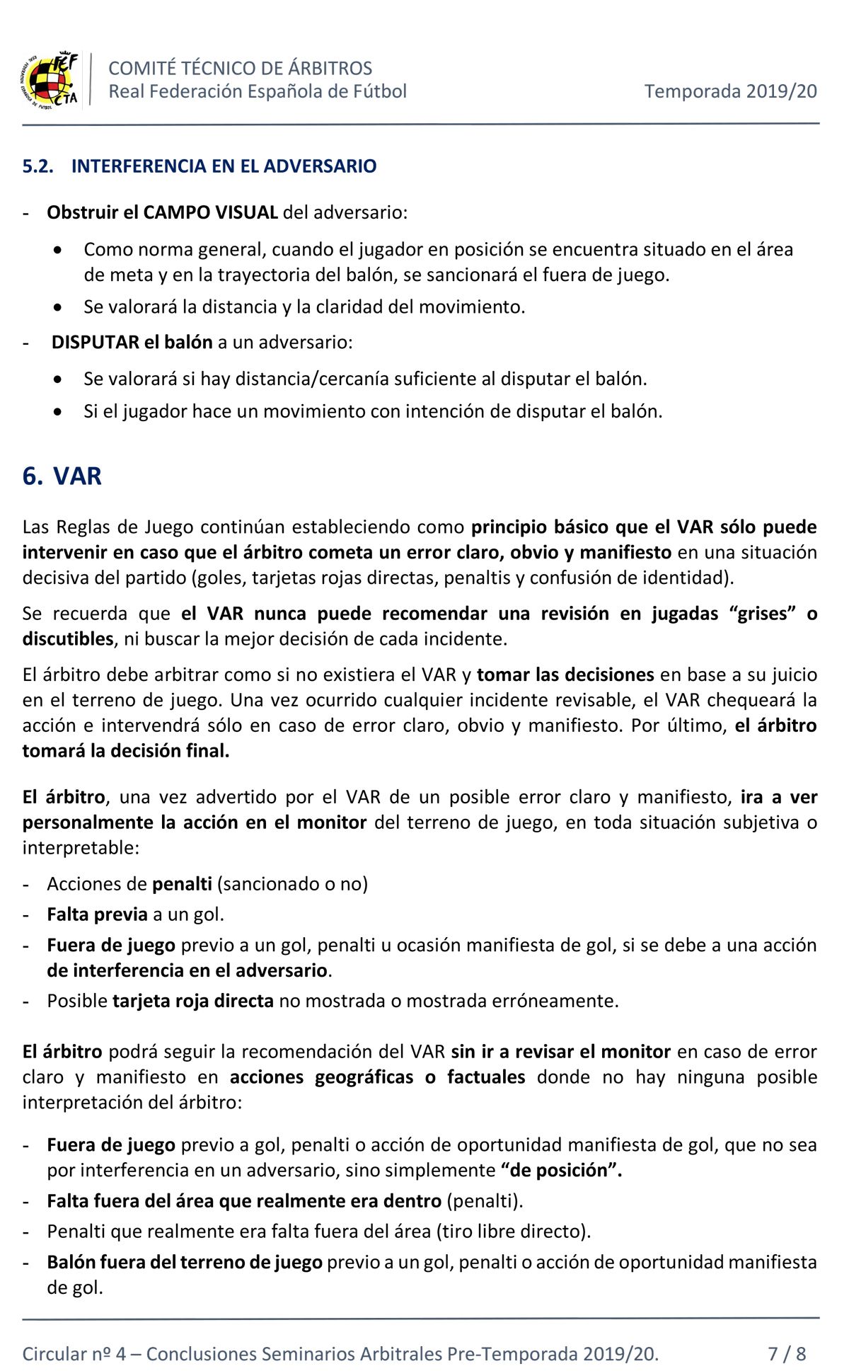  Circular del CTA sobre el VAR.