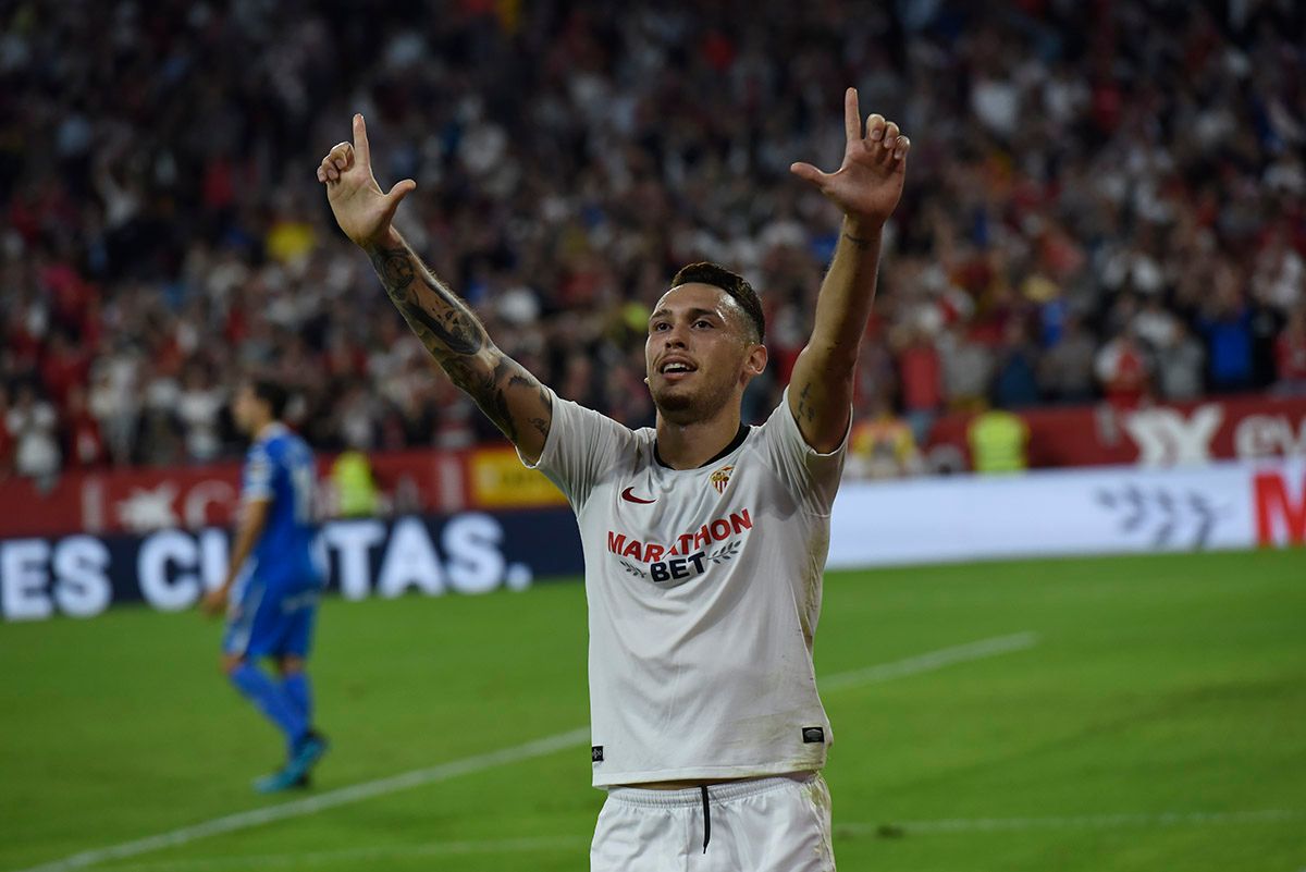  Lucas Ocampos celebra su gol en el Sevilla-Getafe.