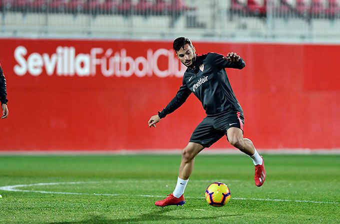 Pablo Sarabia, en un entrenamiento del Sevilla.