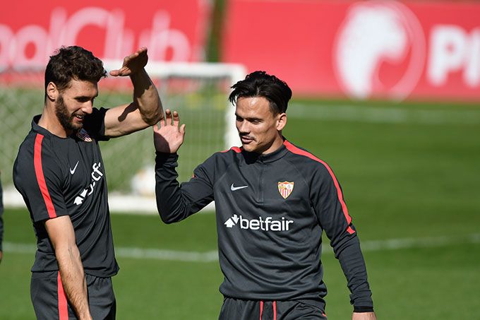Sergi Gómez y Roque Mesa, en un entrenamiento de esta temporada.