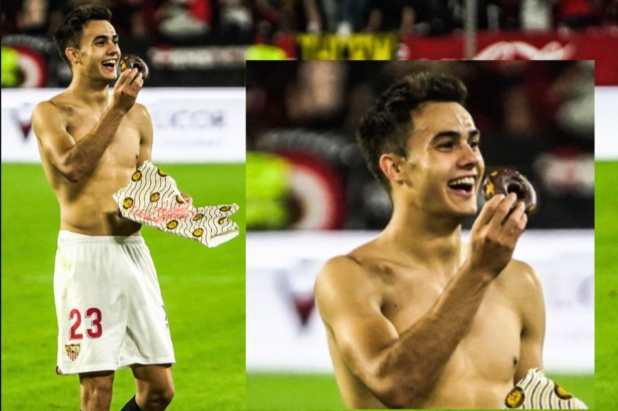Sergio Reguilón, con un donut tras el triunfo del Sevilla contra el Getafe.