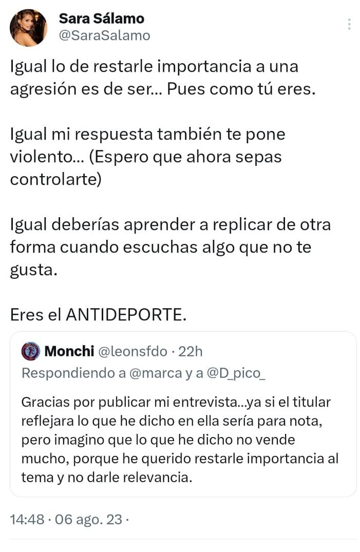El tuit de Sara Sálamo acusando a Monchi.