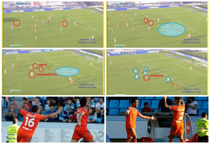 Alcácer genera espacio a su espalda, conecta con Mina y Parejo entra desde atrás para marcar.