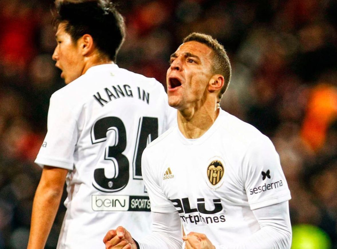 Rodrigo celebra su tercer gol ante el Getafe.