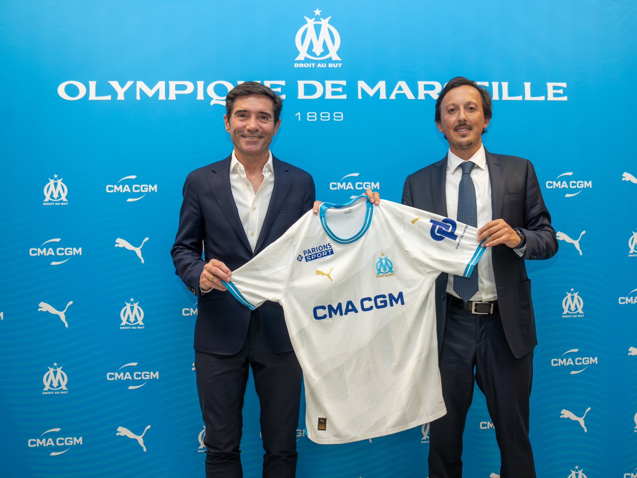 Marcelino García Toral y Pablo Longoria en el Olympique de Marsella.