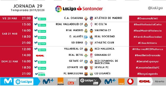  Horarios de la jornada 29 en LaLiga Santander.