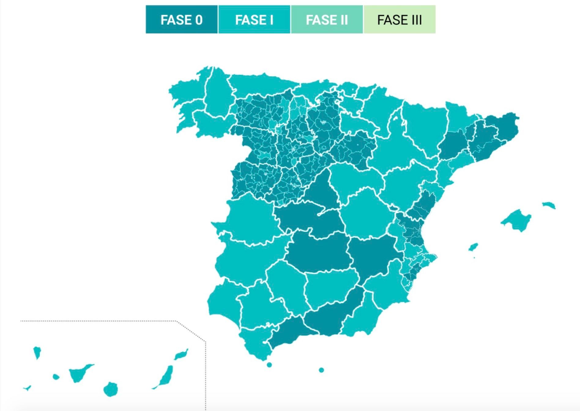 Mapa de las fases en las que se encuentran las provincias en España, las que pasan a la Fase 1 y las que se quedan.