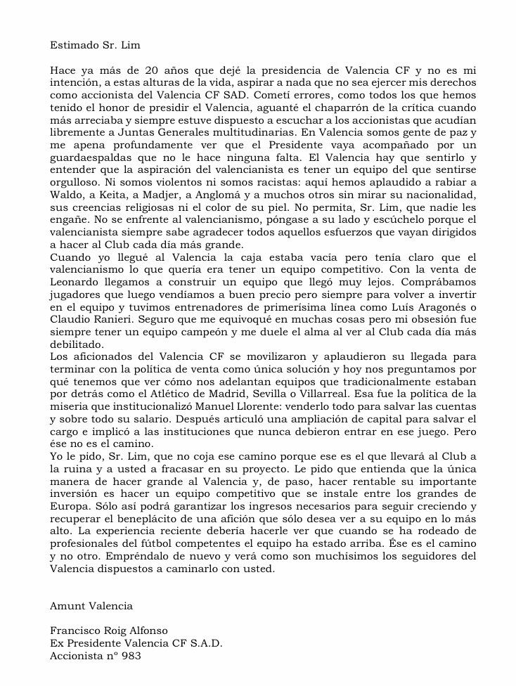 Carta de Paco Roig a Peter Lim