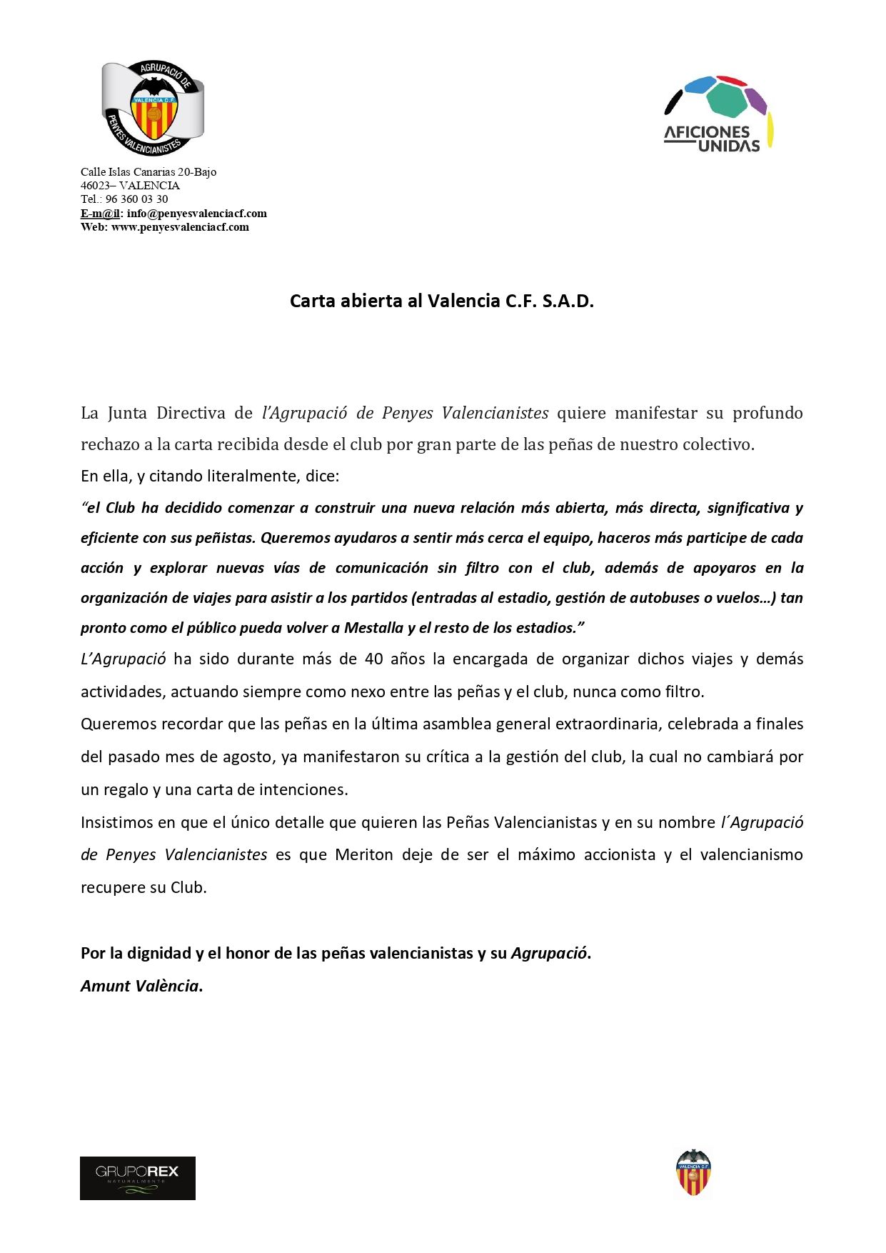  Carta abierta de las peñas al Valencia CF