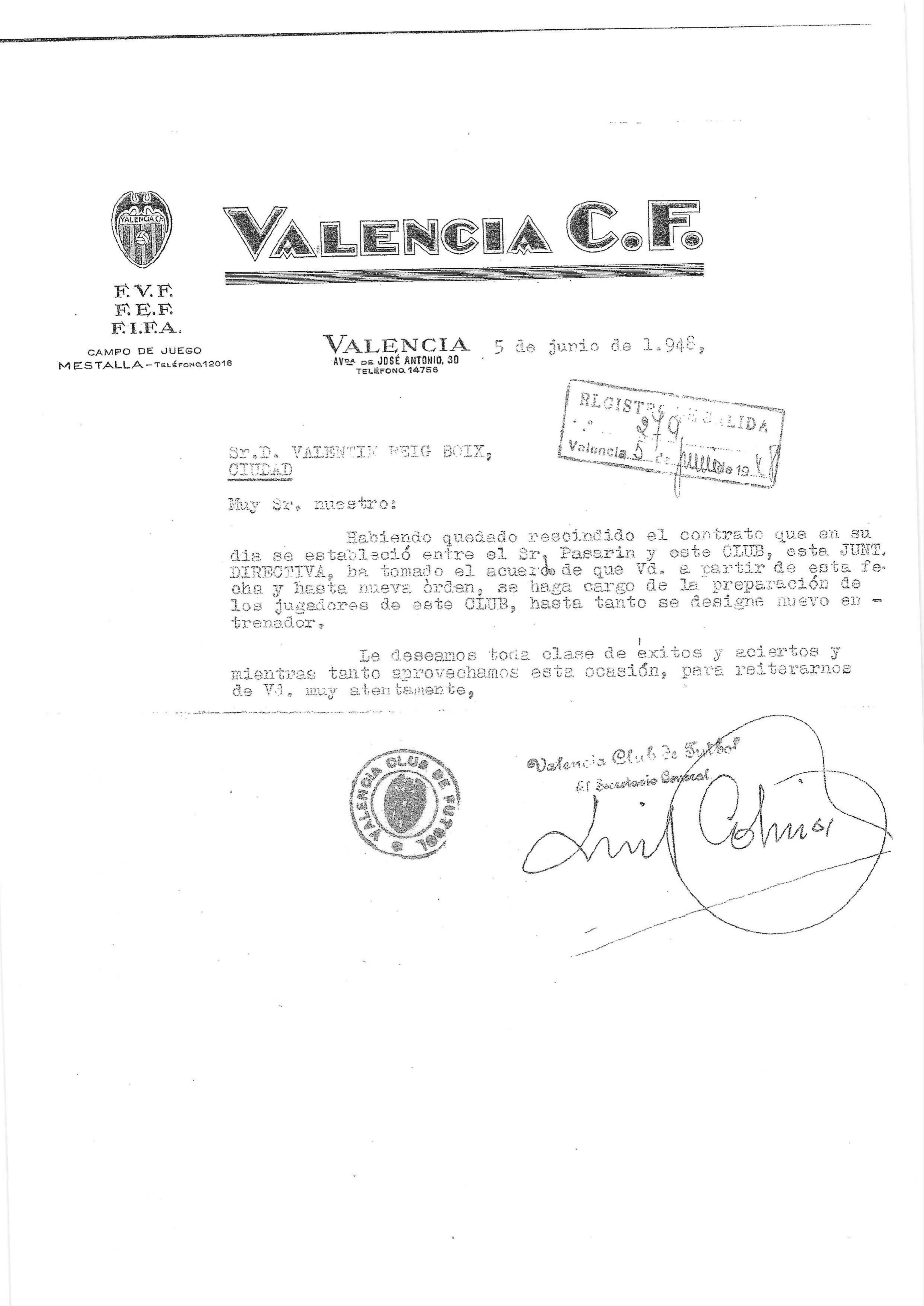  Carta de nombramiento de Picolín Reig como entrenador