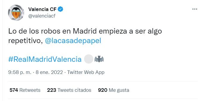  El polémico tuit del Valencia sobre el "robo" del Real Madrid.