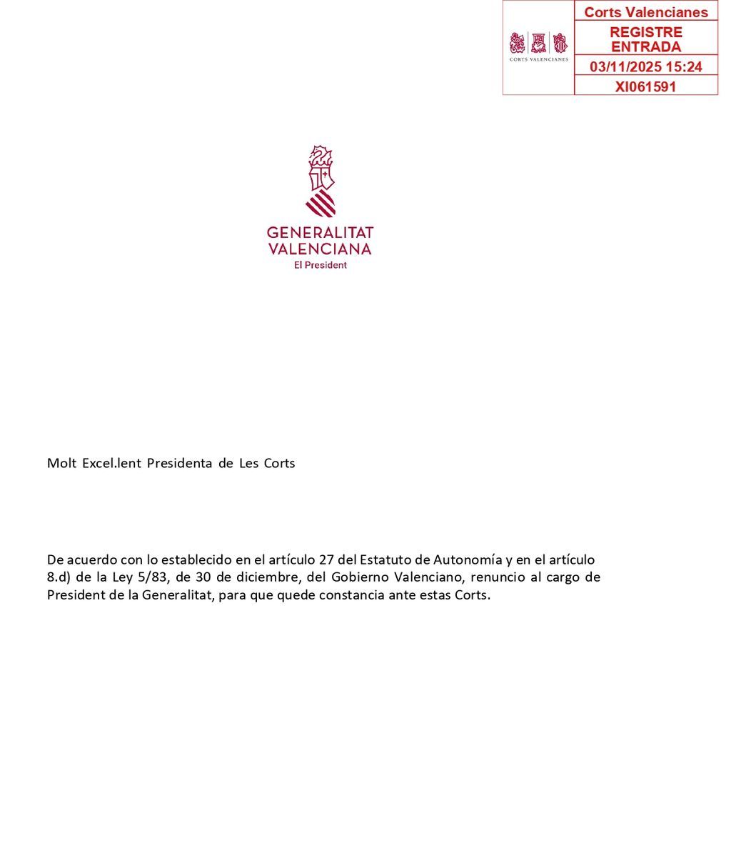 Renuncia de Carlos Mazón como presidente de la Generalitat Valenciana