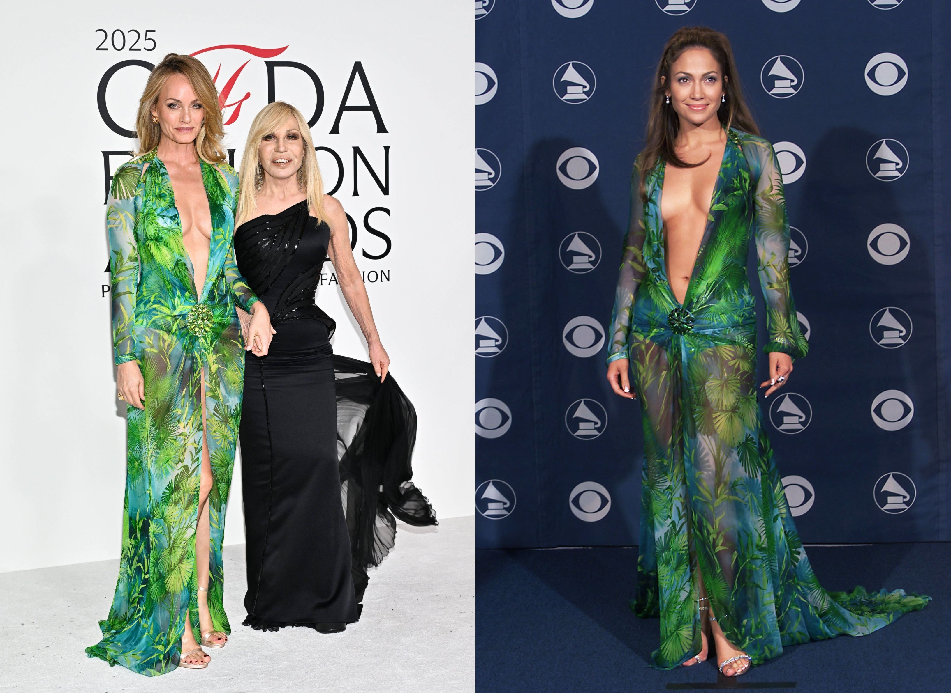 Amber Valleta y Donatella Versace; Jennifer Lopez, en un montaje de fotos