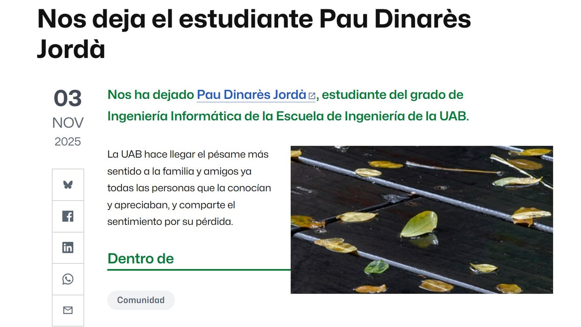 El mensaje de condolencia de la UAB por la muerte de Pau Dinarès