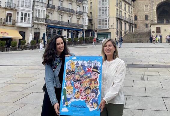 Amaia Arrazola, a la izquierda de la imagen, ganó el concurso del cartel anunciador de las fiestas de La Blanca 2024, en Vitoria