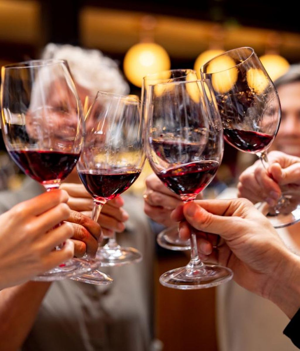 Un grupo de adultos brinda con vino
