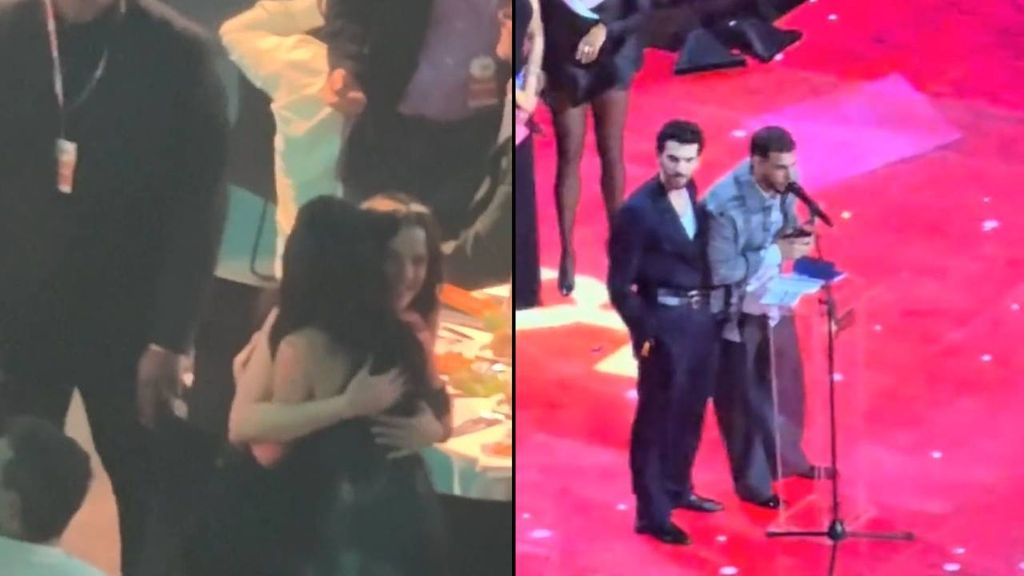 Imagen del momento en el que Rosalía y Aitana se dan un abrazo y de Alleh y Yorghaki en el escenario