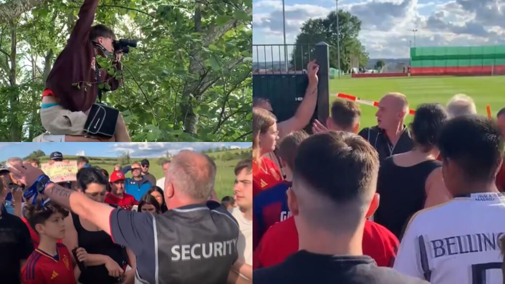 La locura por La Roja se desata en Donaueschingen: subidos a un árbol o empujones, cualquier cosa vale por ver a la Selección