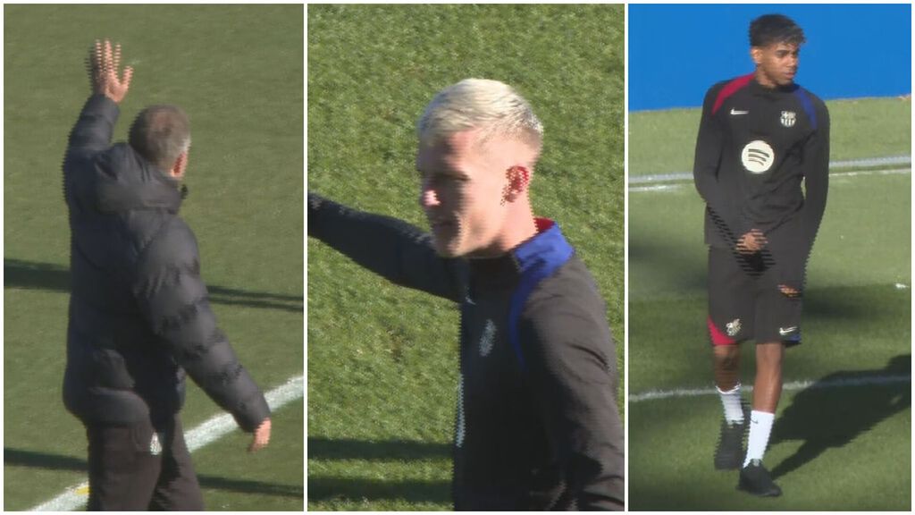 Hansi Flick y Dani Olmo los más aclamados en el entrenamiento navideño del FC Barcelona con la aparición sorpresa de Lamine Yamal