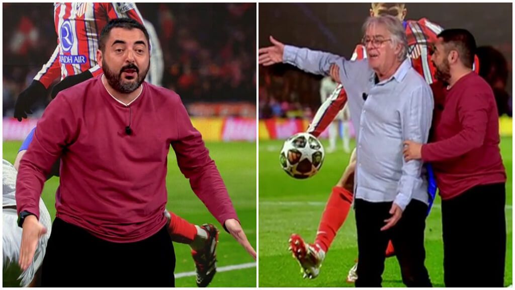 Pablo López le explica a Siro López por qué no hay penalti por mano de Guliano Simeone