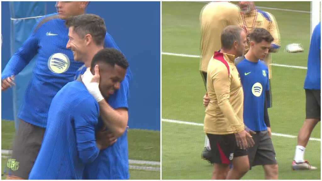 Ansu Fati y Gavi, los mimados del Barça: Hansi Flick y Lewandowski les cuidan en el entrenamiento