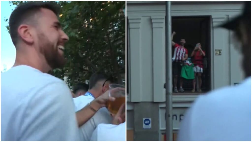 El gesto de Unai Simón con unos athleticzales celebrando la Eurocopa en Madrid