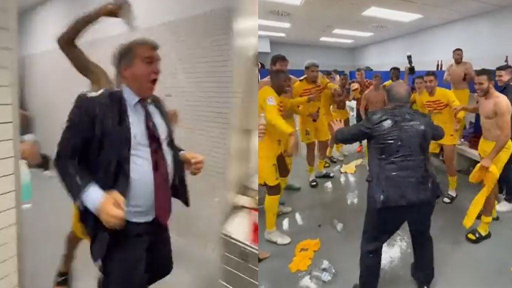 La llegada de Laporta al vestuario del Barça en la celebración del título de liga