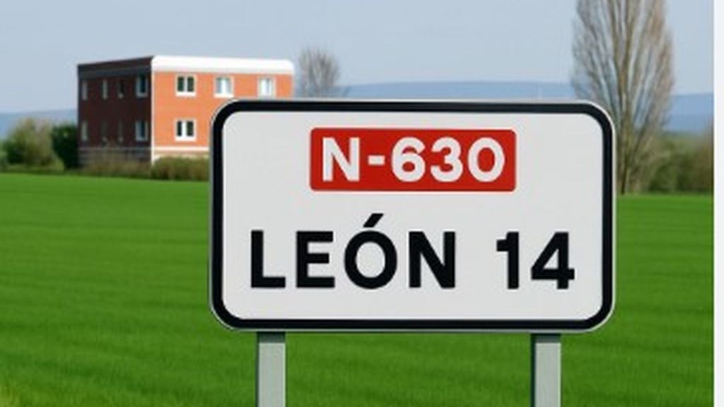 La señal enmarcada de la Carretera Nacional 630 de España que recuerda el nombre del papa León XIV