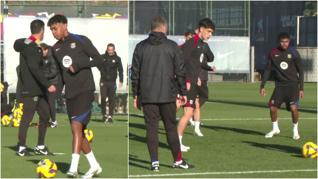Esperanza con Lamine Yamal en el entrenamiento: Hansi Flick muy pendiente de su tobillo