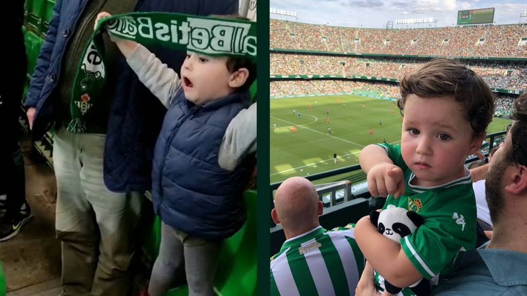 Bufanda al aire y a capela sobre el asiento: Guille, el bético de dos años que canta el himno en el Villamarín