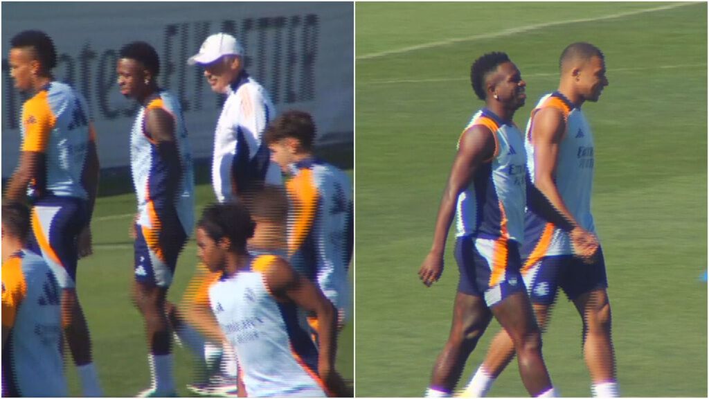 El Real Madrid arropa a Vinicius en el entrenamiento tras las críticas: Ancelotti y Mbappé, muy pendientes de él