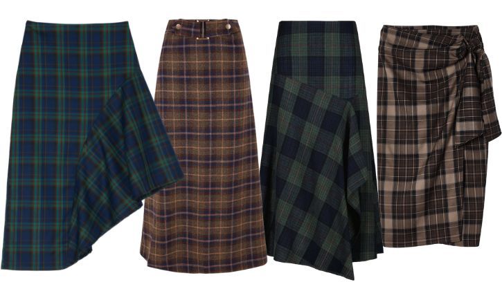 De izda. a dcha.: Falda de cuadros asimétrica, de The Loom (125€). Falda midi con abertura trasera, de Byan (195€). Falda con volante, de Lloyd’s (99€). Falda con drapeado y nudo, de Sophie & Lucie (149,95€).