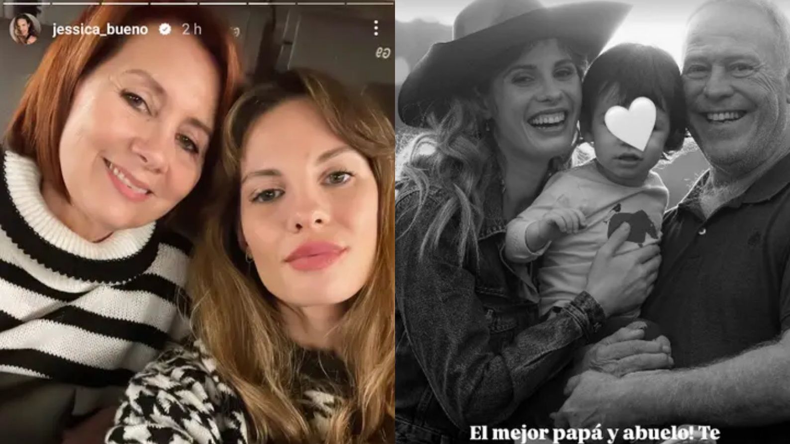 Jessica Bueno junto a sus padres en dos stories de sus redes sociales