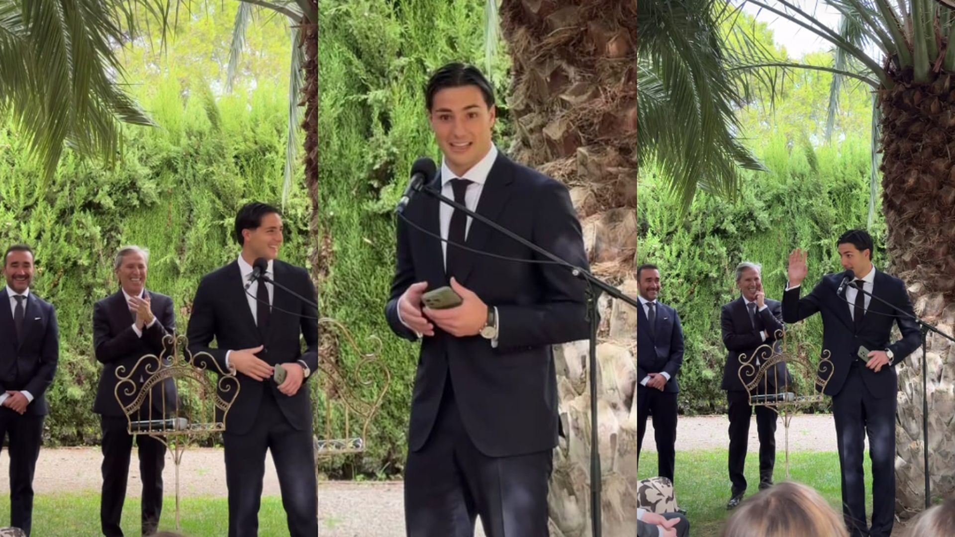 Lucas Cañizares da un discurso en la boda de su padre ante las risas de Juanma Castaño y Paco González