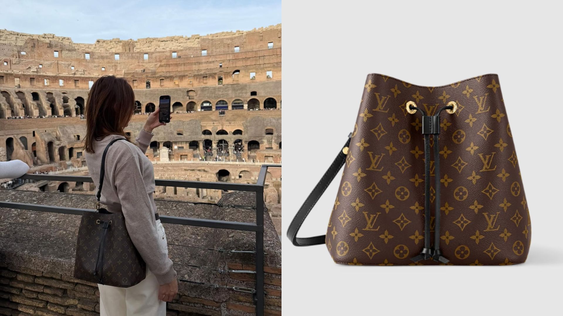 Irena Rosales y bolso de Louis Vuitton, en un montaje de fotos