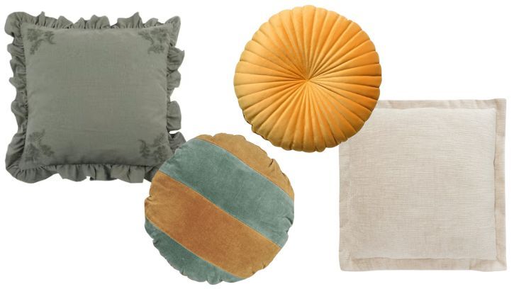 De izda. a dcha.: Cojín con textura verde inglés, de Maisons du Monde (24,99€). Cojín bicolor redondo de terciopelo, de La Redoute (8,99€). Cojín redondo amarillo, de Leroy Merlín (9,99€). Cojín color hueso mullido, de Primark Home (14€).