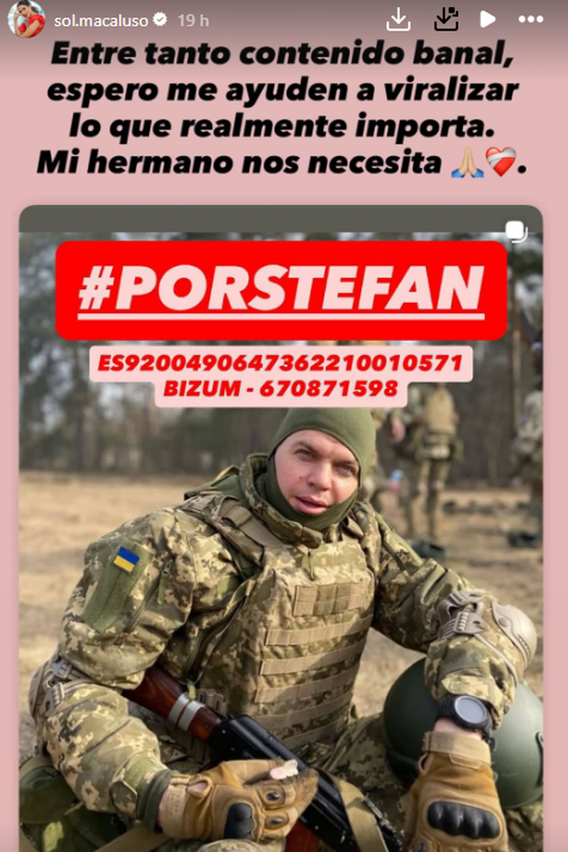 Sol Macaluso ha compartido un post pidiendo ayuda para su amigo Stefan, herido en Ucrania por una bomba