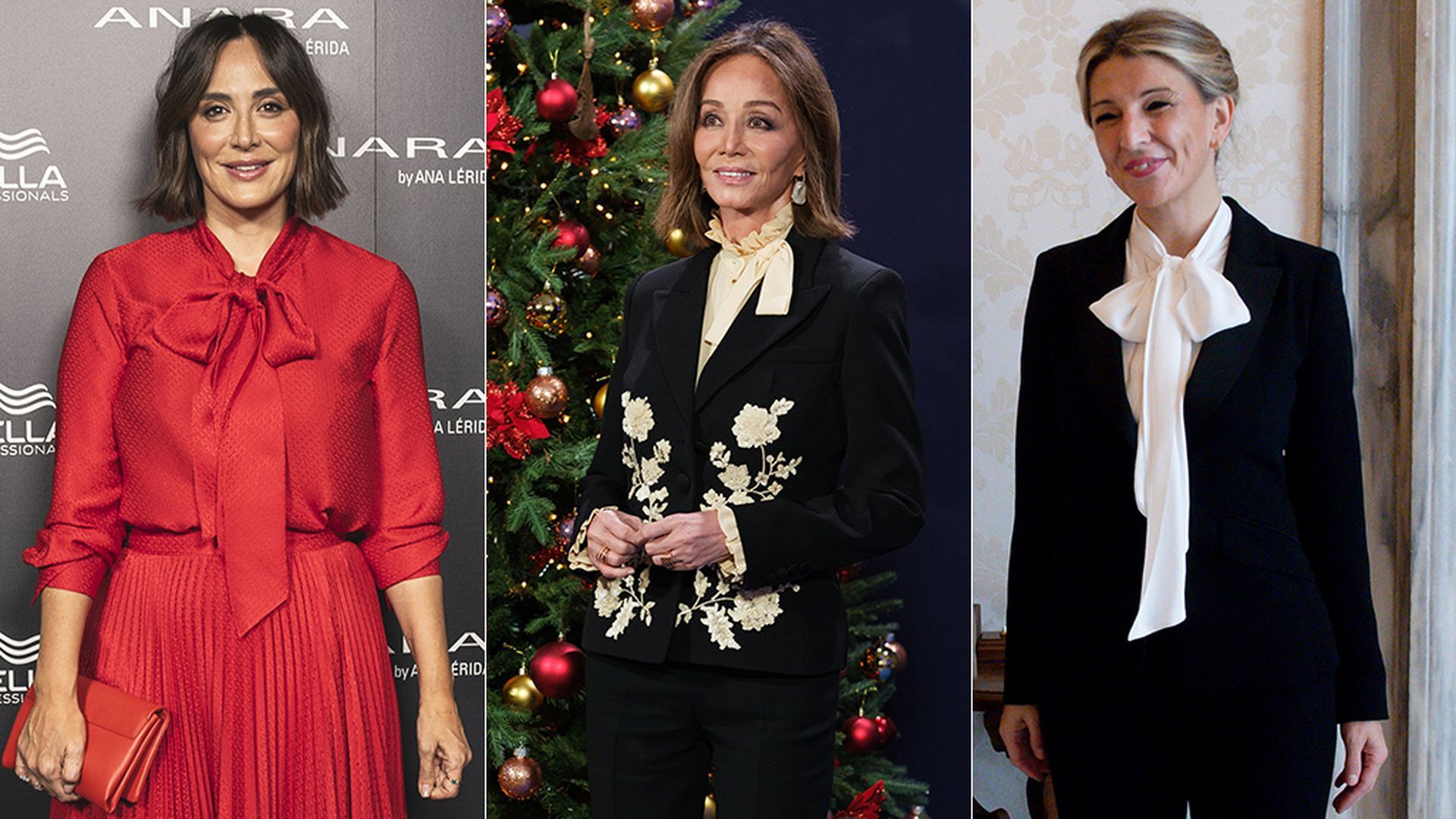 Tamara Falcó, Yolanda Díaz e Isabel Preysler con blusa con lazada