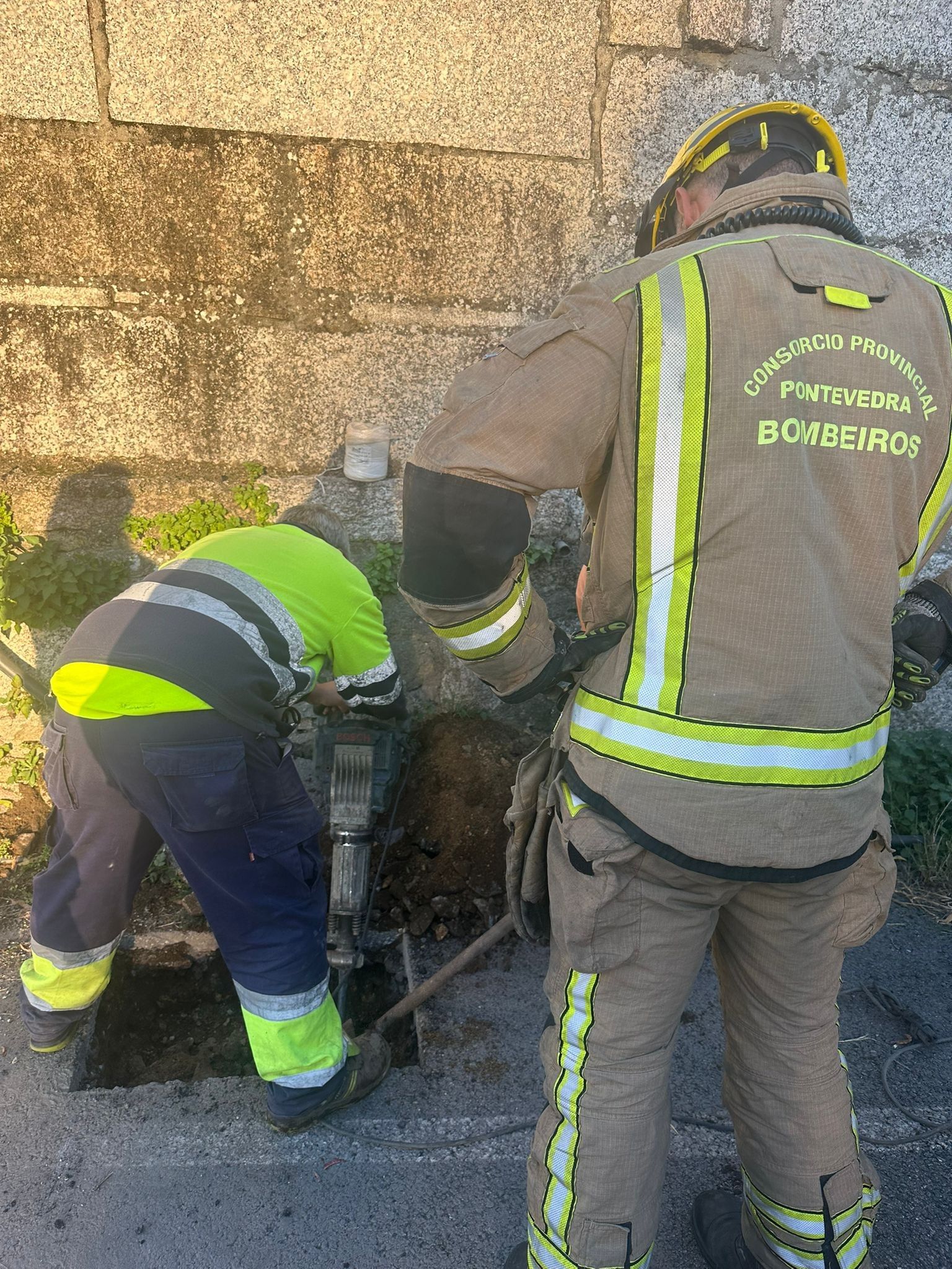 Bomberos sacando tierra para poder rescatar al animal