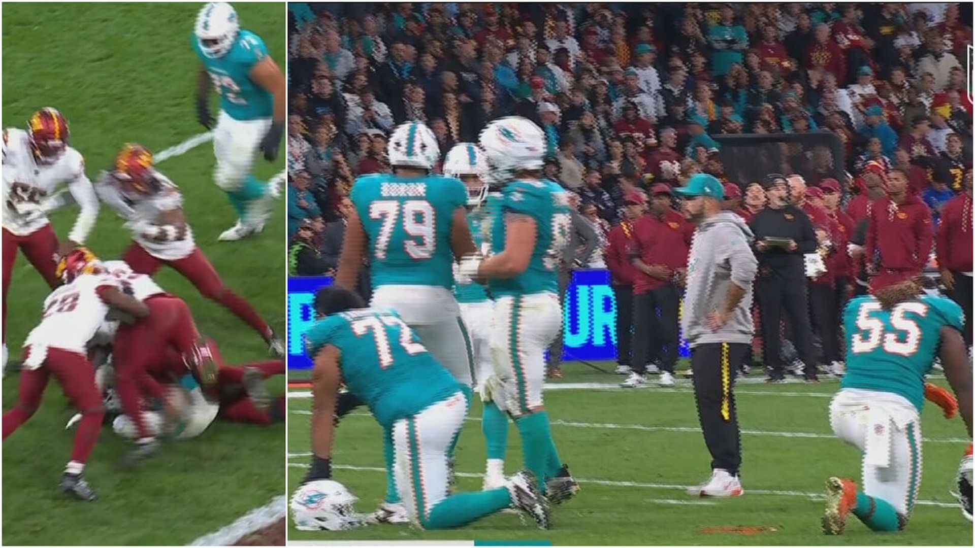 Los jugadores de los Miami Dolphins se arrodillan por la lesión de De'Von Achane