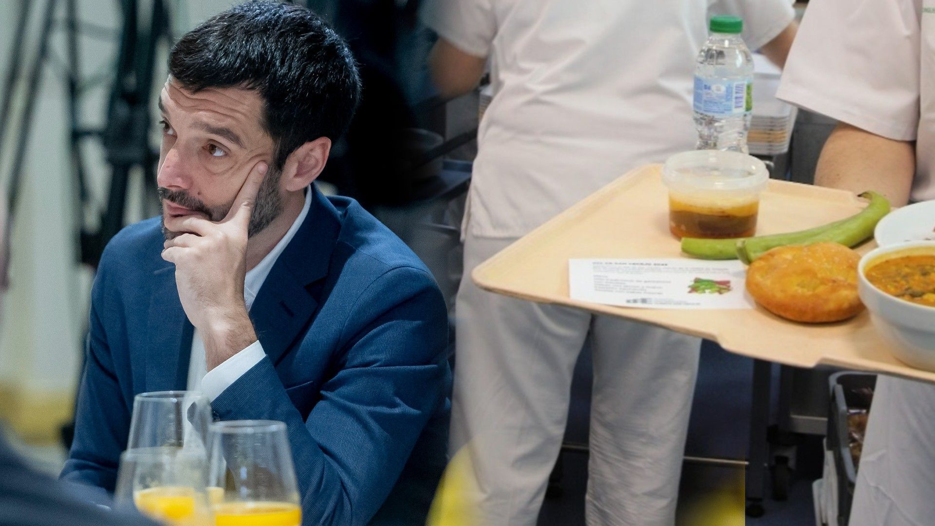 Imagen del ministro de Derechos Sociales, Consumo y Agenda 2030, Pablo Bustinduy, y de un menu en el hospital