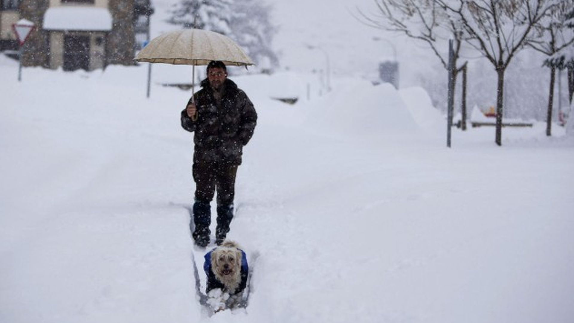 Un hombre camina con su perro por Benasque, Huesca, bajo la nieve